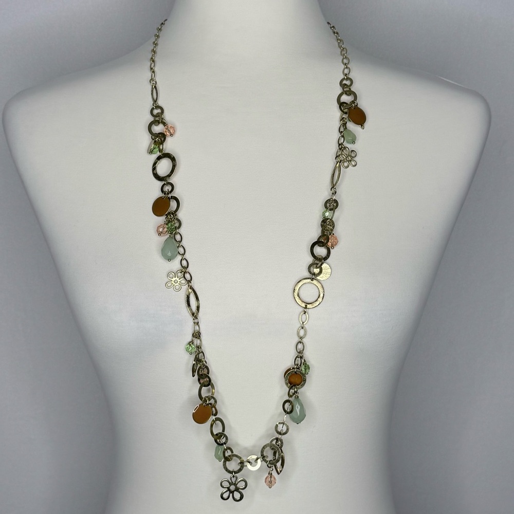 Anthropologie Daisy Chain Green and Peach long Necklace